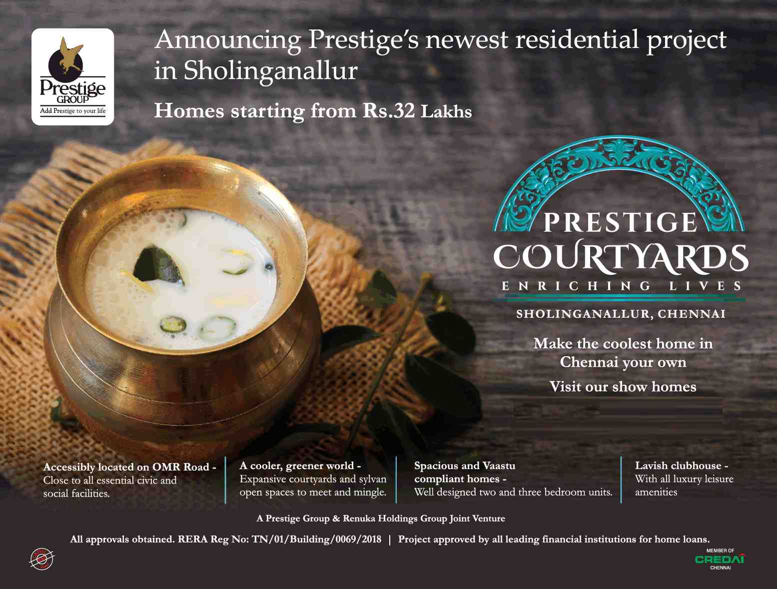 Book homes starting from Rs. 32 Lakhs at Prestige Courtyards in Chennai Update